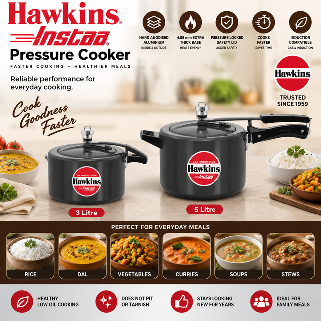 Hawkins Instaa Hard Anodised Pressure Cooker 3L 5L Induction Compatible Inner Lid Black Cooker