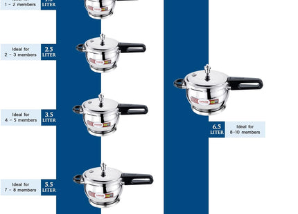Vinod Stainless Steel Pressure Cooker Handi with Glass Lid Induction Base Cooker Heavy Duty Pressure Cookware Durable & Fast Cooking | Sizes: 1.5L, 2.5L, 3.5L, 5.5L