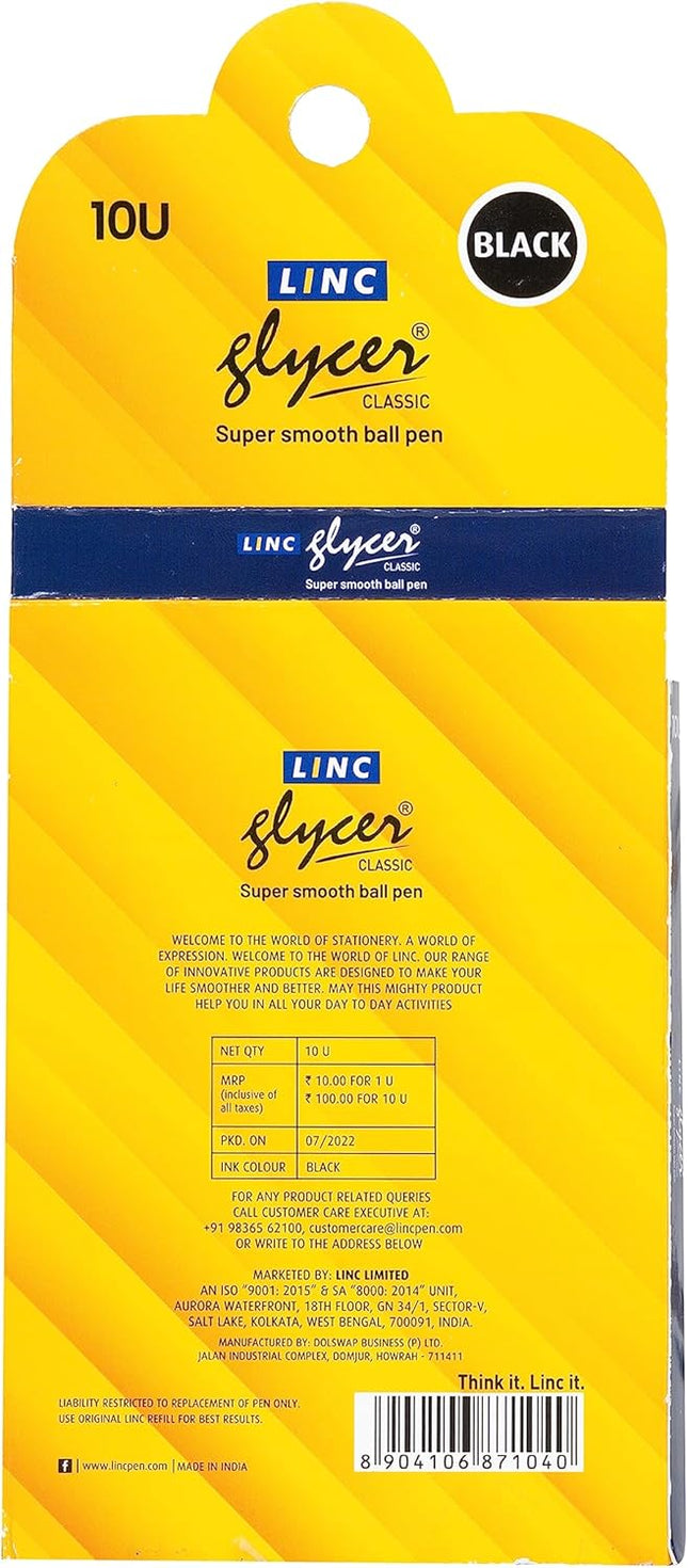 Linc 0.6 mm Glycer Smooth Ball Pen | Black Ink | Set of 10