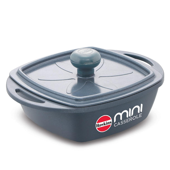 Hawkins 0.75 Litre Mini Casserole with Lid Square Series Die-Cast pan for Cooking Reheating Serving and Storing (Grey , Red , Yellow)