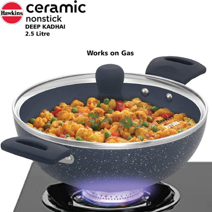Hawkins Ceramic Non Stick Deep Kadhai 2.5L 3.5L + Glass Lid Granite Finish GAS Induction Compatible