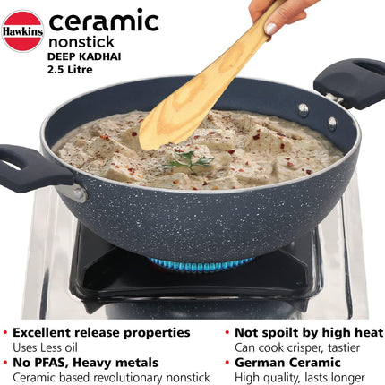 Hawkins Ceramic Non Stick Deep Kadhai 2.5L 3.5L + Glass Lid Granite Finish GAS Induction Compatible