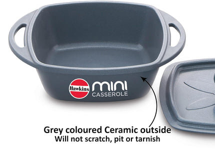 Hawkins 0.75 Litre Mini Casserole with Lid Square Series Die-Cast pan for Cooking Reheating Serving and Storing (Grey , Red , Yellow)