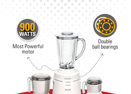 Sujata Supermix 900W Indian Mixer Grinder - 3 Stainless Steel Jars, Heavy Duty Mixie for Dosa Batter, Chutney & Masala Grinding, Indian Plug + International Converter