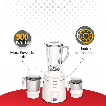 Sujata Supermix 900W Indian Mixer Grinder with 3 Stainless Steel Jars for Wet Dry Grinding and Chutney