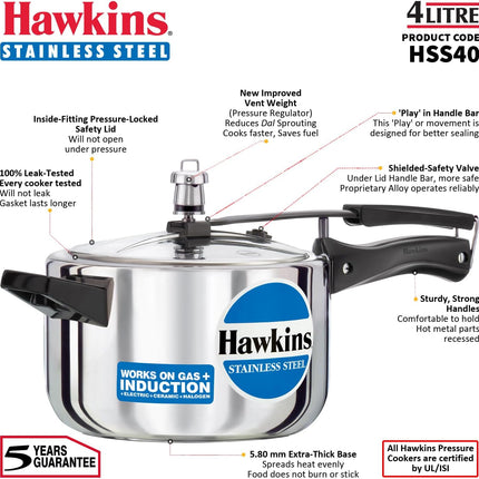 Hawkins Stainless Steel Pressure Cooker 2L 3L 4L 5L 6L Induction Gas Electric Compatible