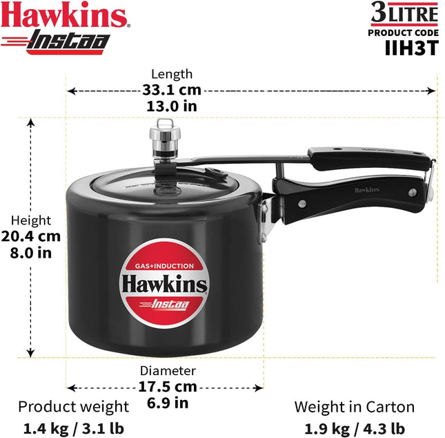 Hawkins Instaa Hard Anodised Pressure Cooker 3L 5L Induction Compatible Inner Lid Black Cooker
