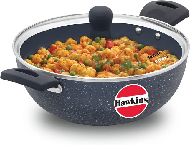 Hawkins Ceramic Nonstick Deep Kadhai with Glass Lid, Induction Granite Kadai, 2.5L & 3.5L