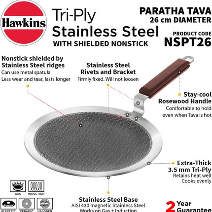 Hawkins Futura Triply Stainless Steel Non Stick Tava 26cm 28cm Shielded Honeycomb Dosa Paratha Pan Induction Compatible