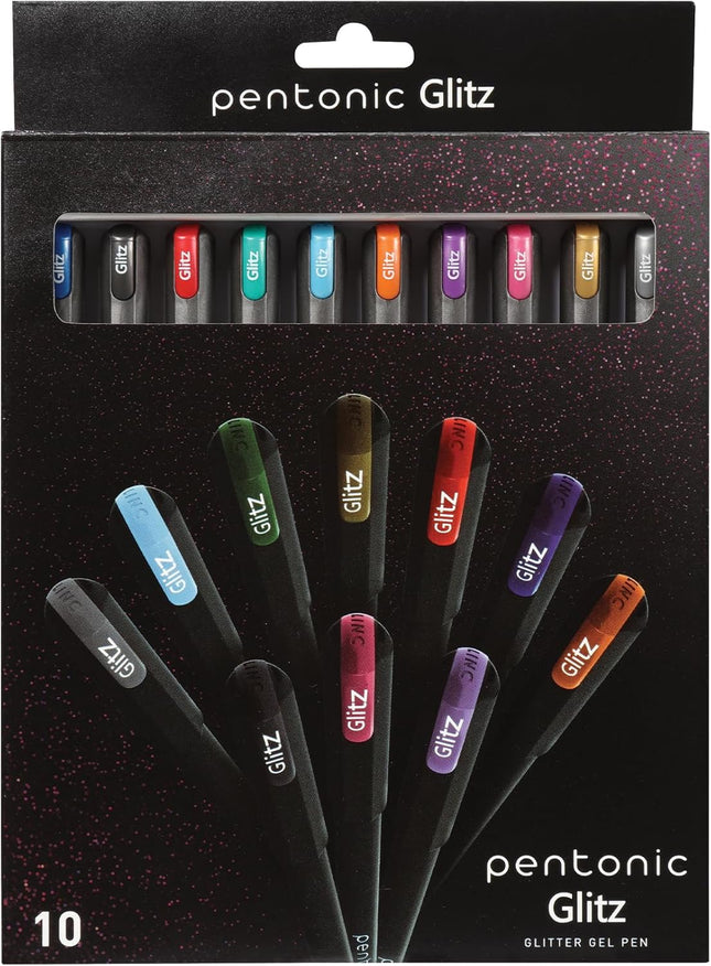 Pentonic Glitter Gel Pens, 10 Count, 10 Assorted Colors, 1.0 mm Bold Point, Smooth Writing For Journaling, Notetaking & Art Projects (1002365)