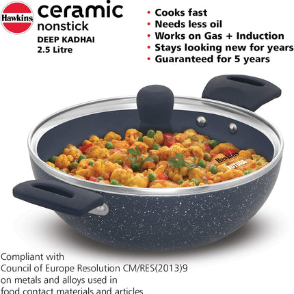 Hawkins Ceramic Non Stick Deep Kadhai 2.5L 3.5L + Glass Lid Granite Finish GAS Induction Compatible