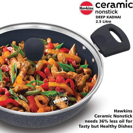 Hawkins Ceramic Non Stick Deep Kadhai 2.5L 3.5L + Glass Lid Granite Finish GAS Induction Compatible