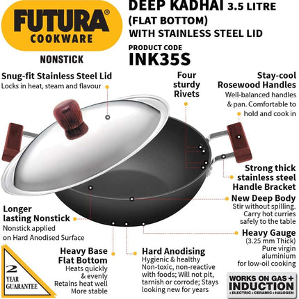 Hawkins Futura Hard Anodised Non Stick Deep Kadhai 3.5L 5L Induction Compatible Flat Bottom Cooking Pan