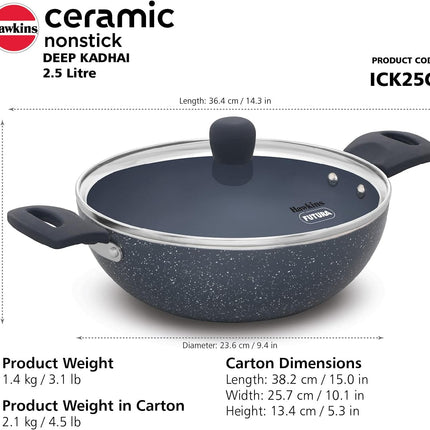 Hawkins Ceramic Non Stick Deep Kadhai 2.5L 3.5L + Glass Lid Granite Finish GAS Induction Compatible
