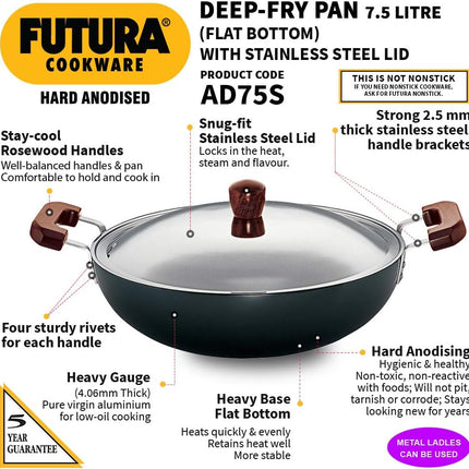 Hawkins Futura Hard Anodised Deep Fry Pan 2.5L 3.75L 5L 7.5L Stainless Steel Lid
