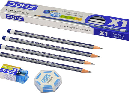 Doms X1 X-Tra Super Dark Pencils 1 Pack - 10 Pencils - 1 Eraser + 1 Sharpner + 1 Protection Cap Free