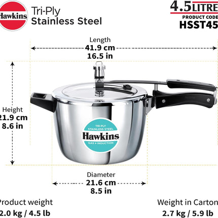 Hawkins Triply Stainless Steel Pressure Cooker 1.5L 2.5L 3.5L 4.5L 7L 3mm Steel Inner Lid Induction Compatible
