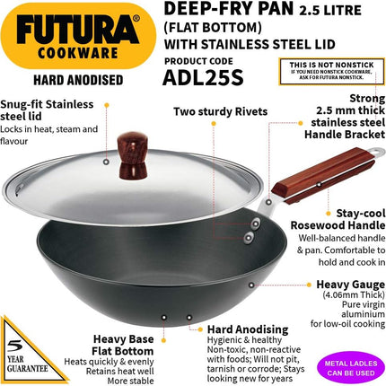 Hawkins Futura 2.5L Hard Anodised Deep Fry Pan Kadai with Stainless Steel Lid