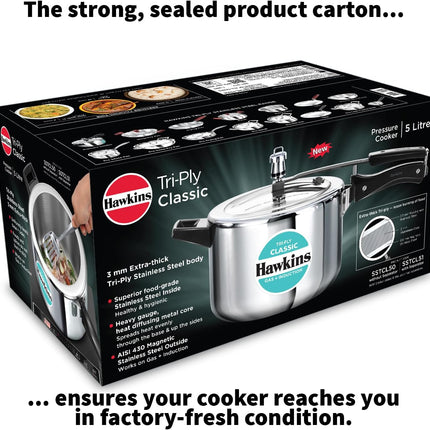 Hawkins Classic 5 Litre Triply Stainless Steel Pressure Cooker Inner Lid Induction Compatible Heavy Duty