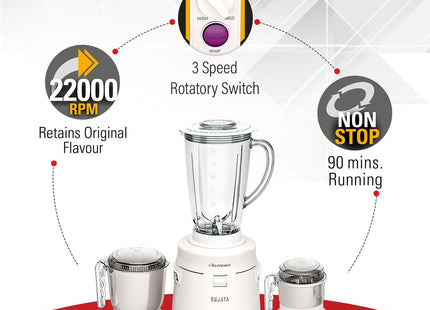 Sujata Supermix 900W Indian Mixer Grinder - 3 Stainless Steel Jars, Heavy Duty Mixie for Dosa Batter, Chutney & Masala Grinding, Indian Plug + International Converter