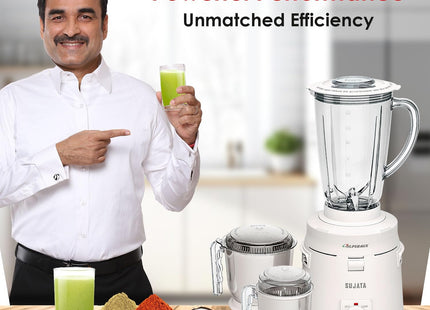 Sujata Supermix 900W Indian Mixer Grinder - 3 Stainless Steel Jars, Heavy Duty Mixie for Dosa Batter, Chutney & Masala Grinding, Indian Plug + International Converter