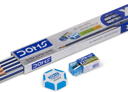 Doms X1 X-Tra Super Dark Pencils 1 Pack - 10 Pencils - 1 Eraser + 1 Sharpner + 1 Protection Cap Free