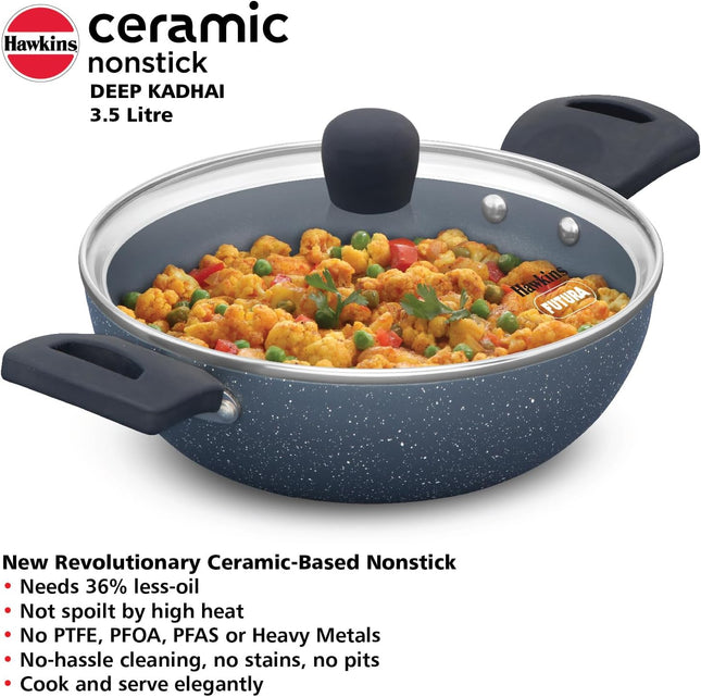 Hawkins Ceramic Non Stick Deep Kadhai 2.5L 3.5L + Glass Lid Granite Finish GAS Induction Compatible