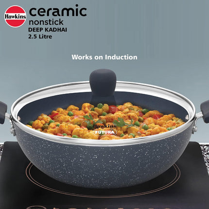 Hawkins Ceramic Non Stick Deep Kadhai 2.5L 3.5L + Glass Lid Granite Finish GAS Induction Compatible