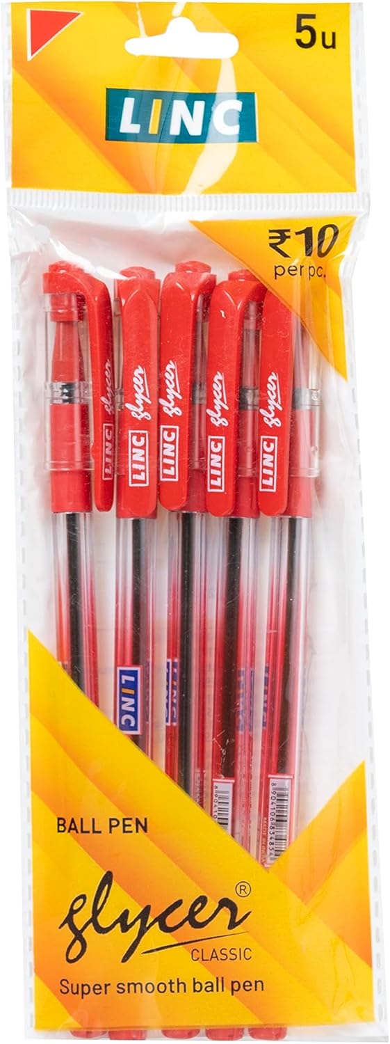 Linc Glycer Ballpoint Pens, RED, Fine Point (0.6mm), Pack of 10, Comfort Rubber Grip, Smooth Ink Flow, Ideal for School Office Home Business Use