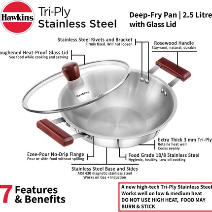 Hawkins Tri Ply Stainless Steel Kadai 1.5L 2.5L Deep Fry Pan Glass Lid GAS Induction Compatible