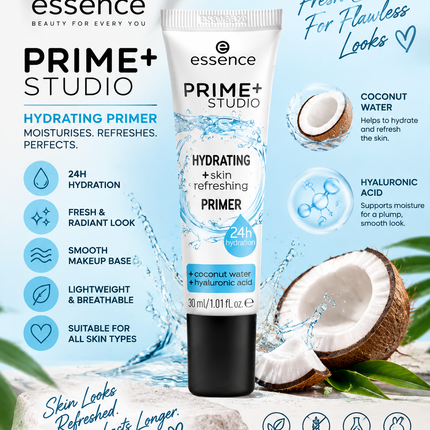 Essence Prime+ Studio Hydrating & Fresh Face Primer 30ml Makeup Base for Smooth Radiant Skin