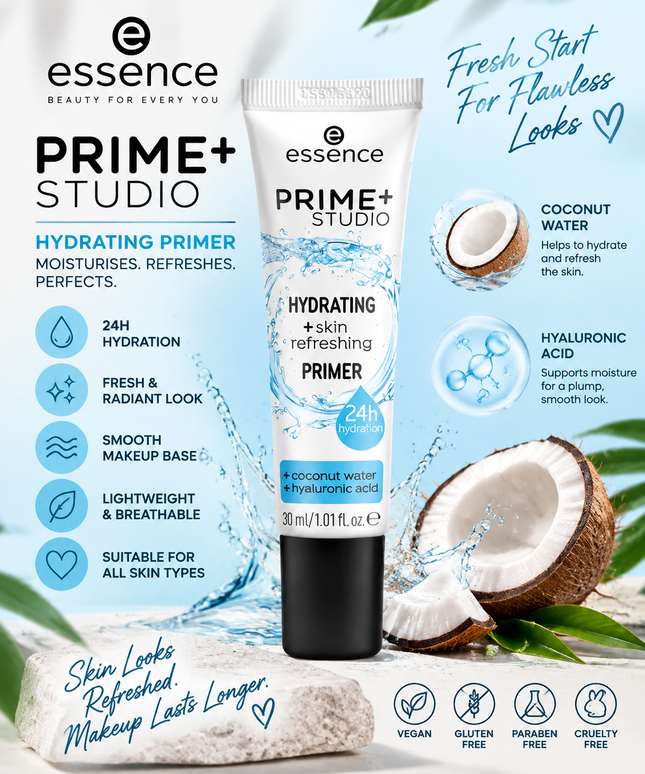 Essence Prime+ Studio Hydrating & Fresh Face Primer 30ml Makeup Base for Smooth Radiant Skin
