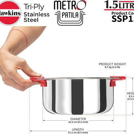 Hawkins 1.5 , 2 , 2.5 Litre Metro Patila Triply Stainless Steel Tope Induction Bhagona Tapeli Silver