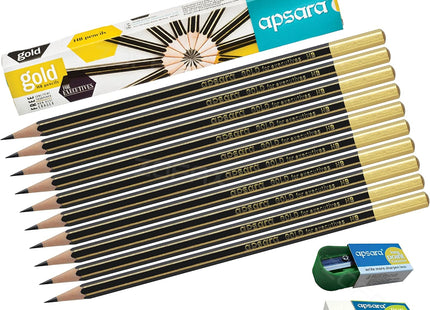 Apsara Gold 10 Wooden Pencils Eraser Sharpener Break-Resistant Lead Office School