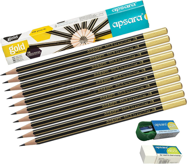 Apsara Gold 10 Wooden Pencils Eraser Sharpener Break-Resistant Lead Office School