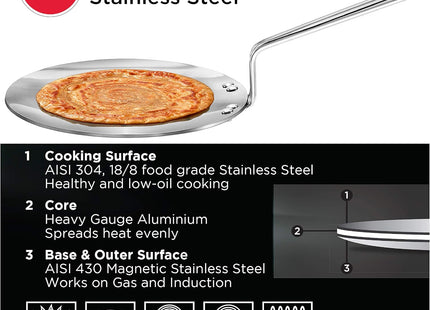Hawkins Tri-Ply Stainless Steel Induction Compatible Tava, Diameter 22 , 26 cm Thickness 3.5 mm Silver