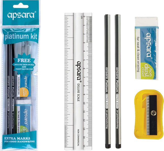 Apsara Platinum 5 Pieces Writing Kit - Pencils + Eraser + Sharpener + Ruler + ZOFAX Black Ball Pen