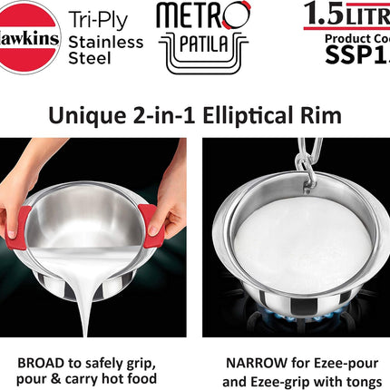 Hawkins 1.5 , 2 , 2.5 Litre Metro Patila Triply Stainless Steel Tope Induction Bhagona Tapeli Silver