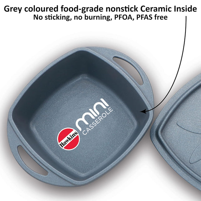Hawkins 0.75 Litre Mini Casserole with Lid Square Series Die-Cast pan for Cooking Reheating Serving and Storing (Grey , Red , Yellow)