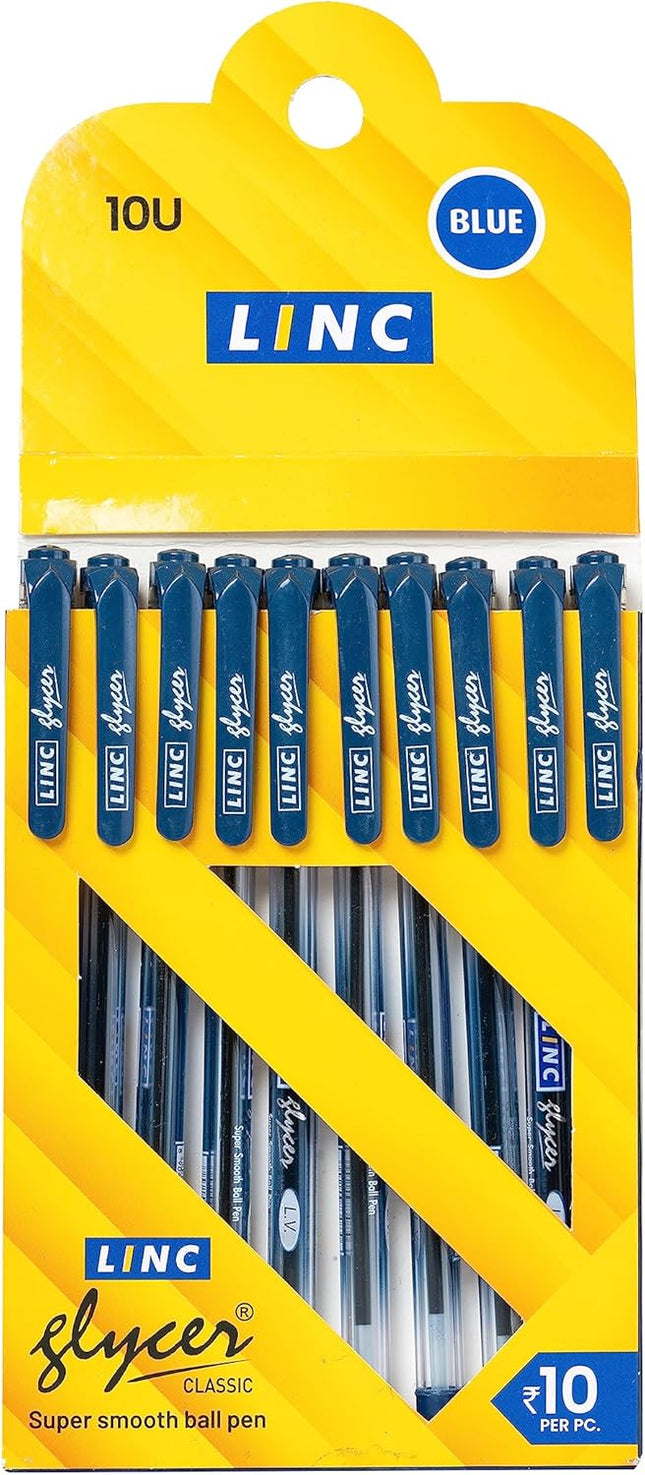 Linc Glycer Smooth Ball Pen Card Pack | 0.6 mm Nickel Silver Tip | Comfortable Elastomeric Rubber Grip | Fast flowing Ink Technology For Smudge-free writing | Blue, Set of 10