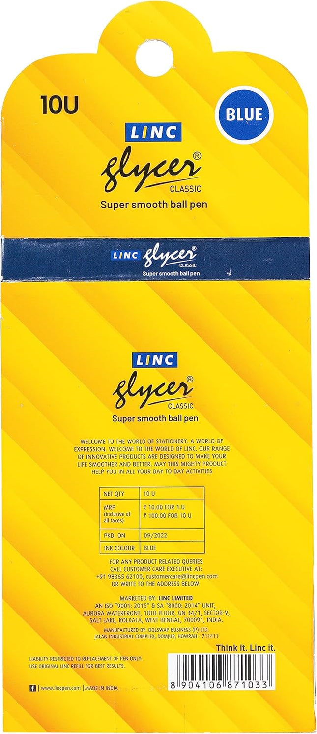 Linc Glycer Smooth Ball Pen Card Pack | 0.6 mm Nickel Silver Tip | Comfortable Elastomeric Rubber Grip | Fast flowing Ink Technology For Smudge-free writing | Blue, Set of 10