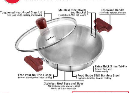 HAWKINS 1.5 , 2.5 Litre Deep Fry Pan, Triply Stainless Steel Kadai with Glass Lid, Flat Bottom Induction Kadhai, Small Kadai, Silver