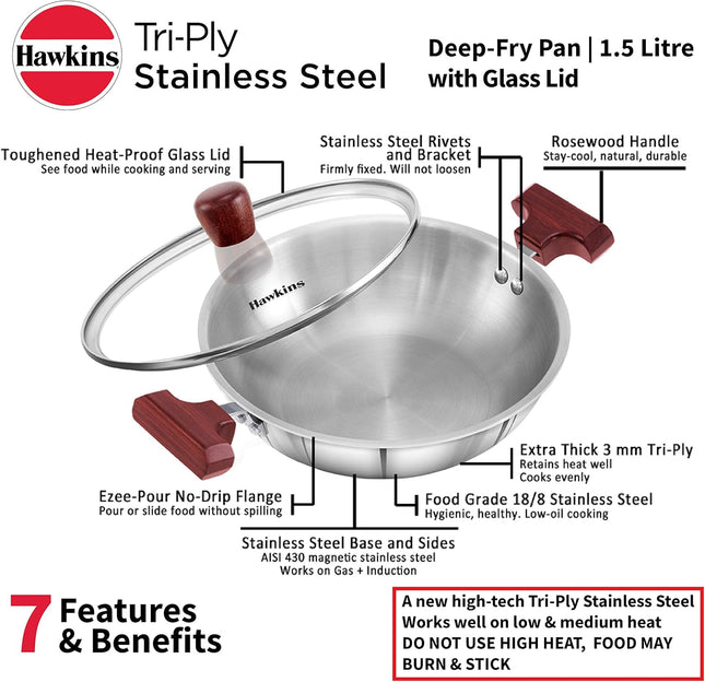 HAWKINS 1.5 , 2.5 Litre Deep Fry Pan, Triply Stainless Steel Kadai with Glass Lid, Flat Bottom Induction Kadhai, Small Kadai, Silver