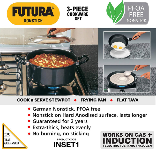 Hawkins Futura 5 Piece Non Stick Cookware Set Induction Compatible Aluminium Frying Pan Flat Tawa Stewpot
