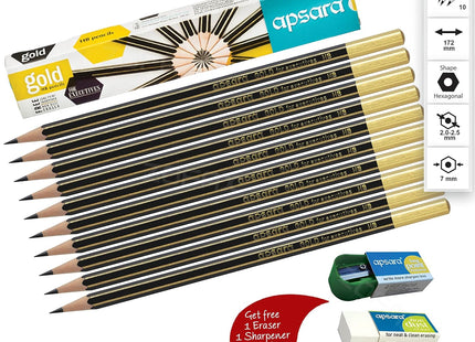Apsara Gold 10 Wooden Pencils Eraser Sharpener Break-Resistant Lead Office School