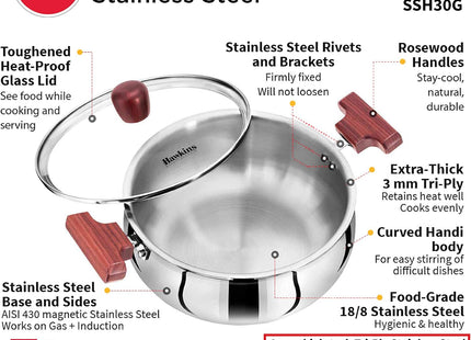 Hawkins 3 , 4 , 5 Litre Cook n Serve Triply Stainless Steel Handi with Glass Lid, Induction Sauce Pan, Biryani Handi, Silver