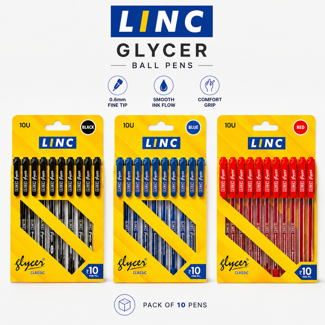 Linc Glycer Ballpoint Pens 0.6mm Fine Tip Blue Black Red Ink Smooth Writing Pack of 10 for School Office Everyday Use