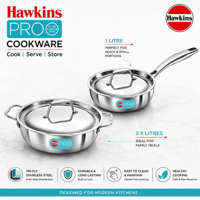 Hawkins Pro Tri Ply Stainless Steel Cookware Fry Pan Kadhai Lid Induction Gas Oven Safe