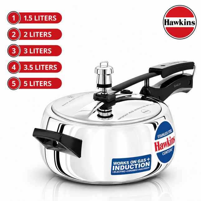 Hawkins Stainless Steel Pressure Cooker Sizes 1.5L 2L 3L 3.5L 5L Induction Gas Electric Stove Compatible