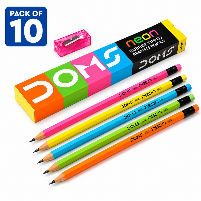 DOMS Graphite Pencils Pack of 10  X1 X-Tra Super Dark & Neon Rubber Tipped | Smooth Writing Drawing School Pencils